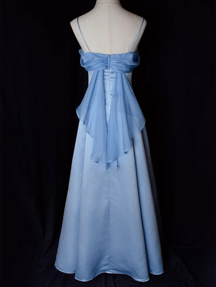 Airy Satin Cowl Neck Spaghetti Strap Chiffon Drape Back Floor-Length A-Line Prom Dress