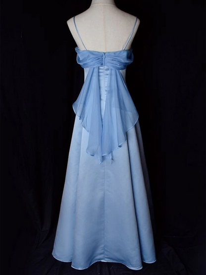 Airy Satin Cowl Neck Spaghetti Strap Chiffon Drape Back Floor-Length A-Line Prom Dress