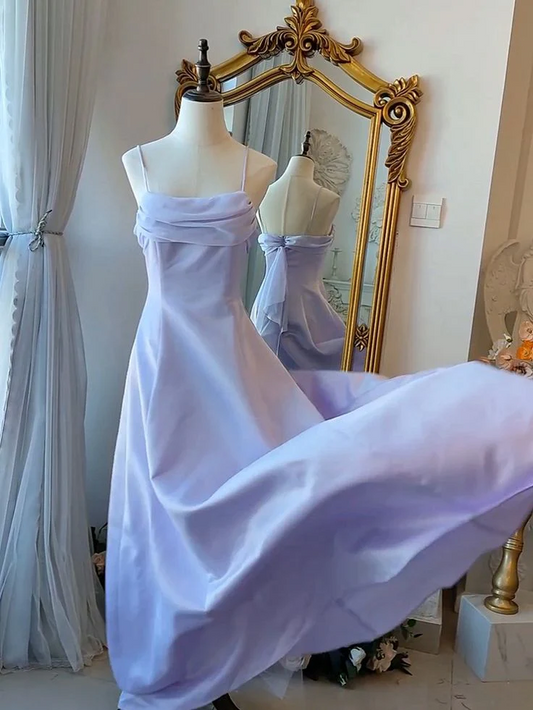 Airy Satin Cowl Neck Spaghetti Strap Chiffon Drape Back Floor-Length A-Line Prom Dress