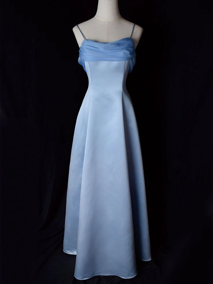 Airy Satin Cowl Neck Spaghetti Strap Chiffon Drape Back Floor-Length A-Line Prom Dress