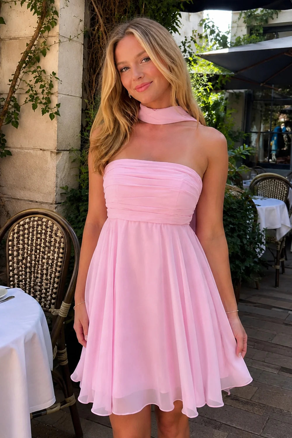 Airy chiffon skater strapless wrap choker tie back open back short length formal homecoming dress