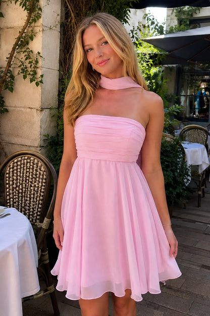 Airy chiffon skater strapless wrap choker tie back open back short length formal homecoming dress