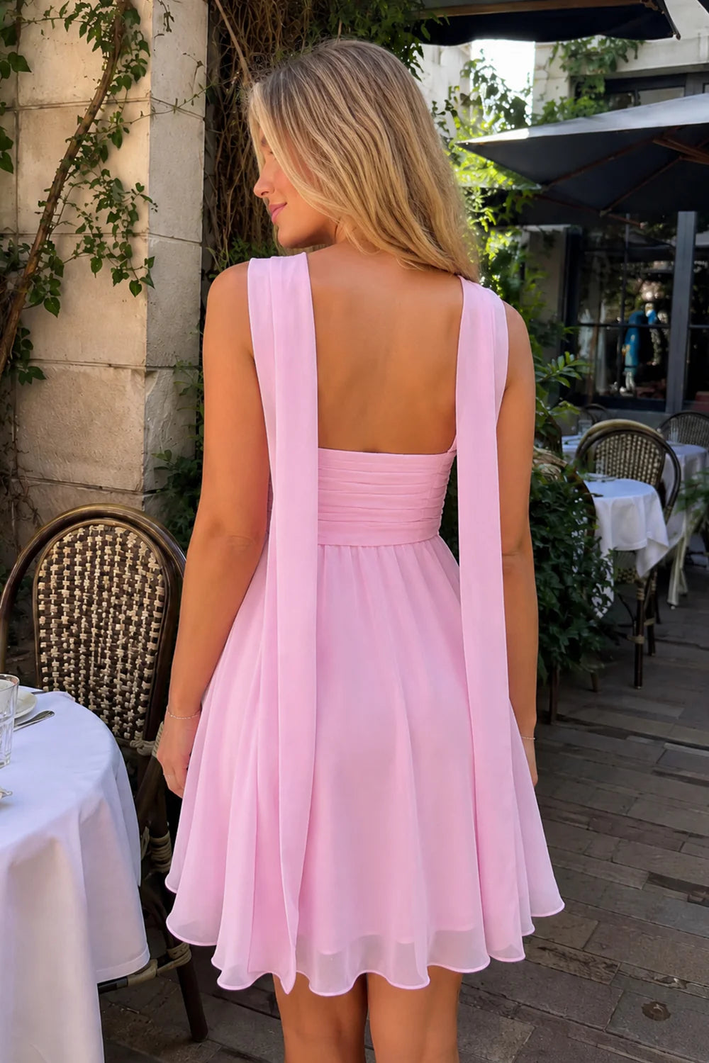 Airy chiffon skater strapless wrap choker tie back open back short length formal homecoming dress