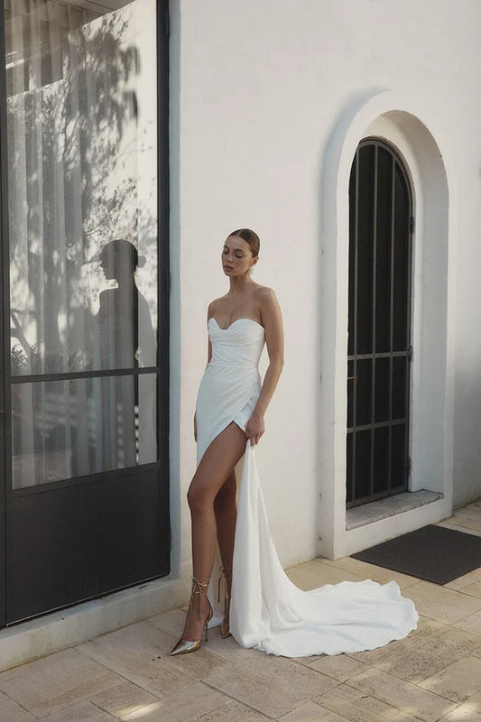 Tight/Column Sweetheart Pleated Bohemian Wedding Dress with Split Ivory Bridal Dress