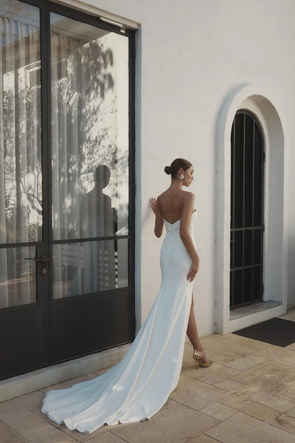 Tight/Column Sweetheart Pleated Bohemian Wedding Dress with Split Ivory Bridal Dress