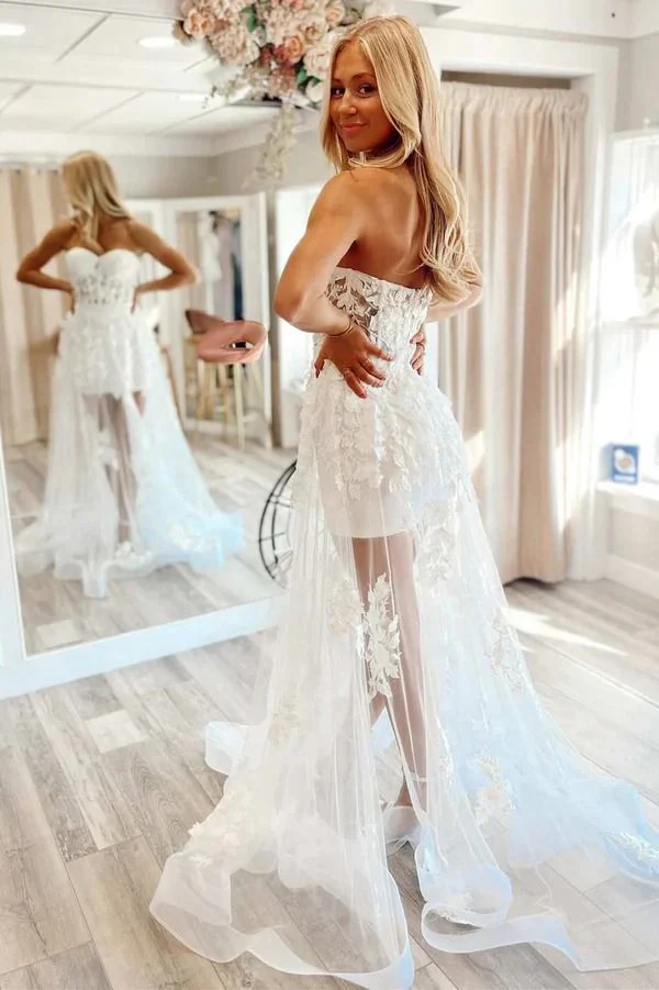 Alluring Lace Tulle High-Low Sweetheart Corset Sheer Floor-Length Prom Dress
