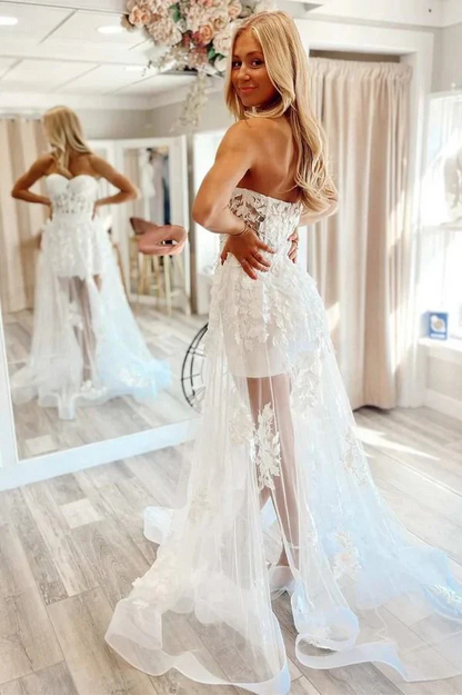 Alluring Lace Tulle High-Low Sweetheart Corset Sheer Floor-Length Prom Dress