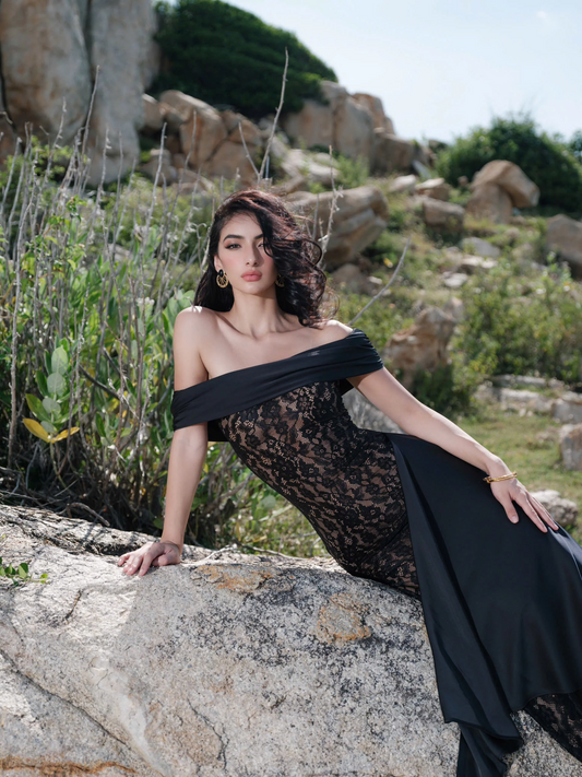 Alluring Mermaid Off-Shoulder Asymmetrical Satin-Lace Floor-Length Evening Dress
