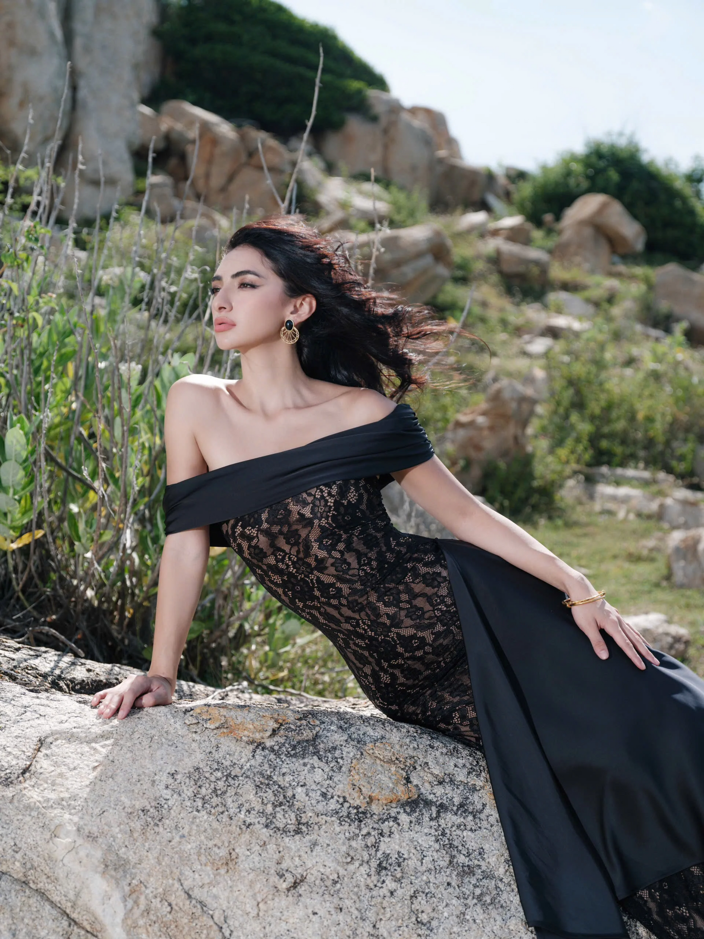 Alluring Mermaid Off-Shoulder Asymmetrical Satin-Lace Floor-Length Evening Dress