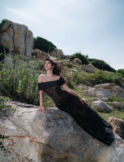 Alluring Mermaid Off-Shoulder Asymmetrical Satin-Lace Floor-Length Evening Dress