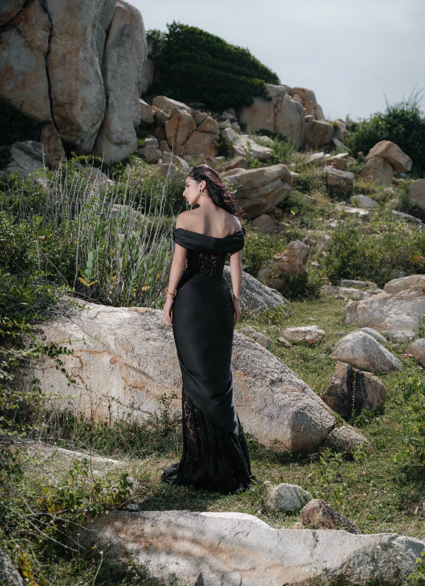 Alluring Mermaid Off-Shoulder Asymmetrical Satin-Lace Floor-Length Evening Dress