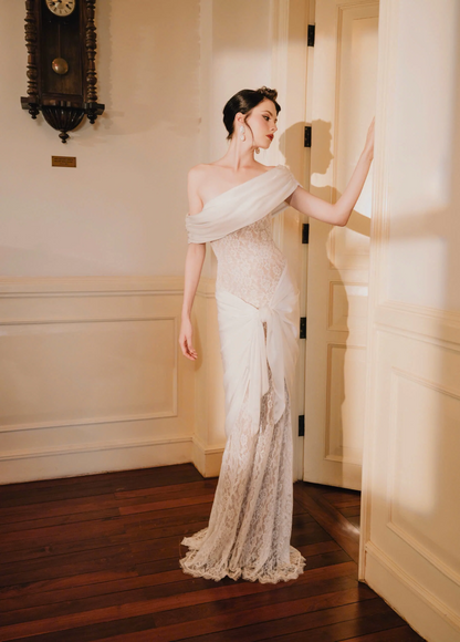 Alluring Mermaid Off-Shoulder Asymmetrical Satin-Lace Floor-Length Evening Dress