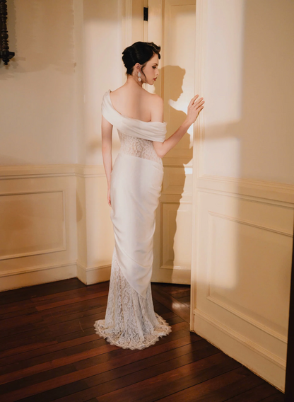 Alluring Mermaid Off-Shoulder Asymmetrical Satin-Lace Floor-Length Evening Dress