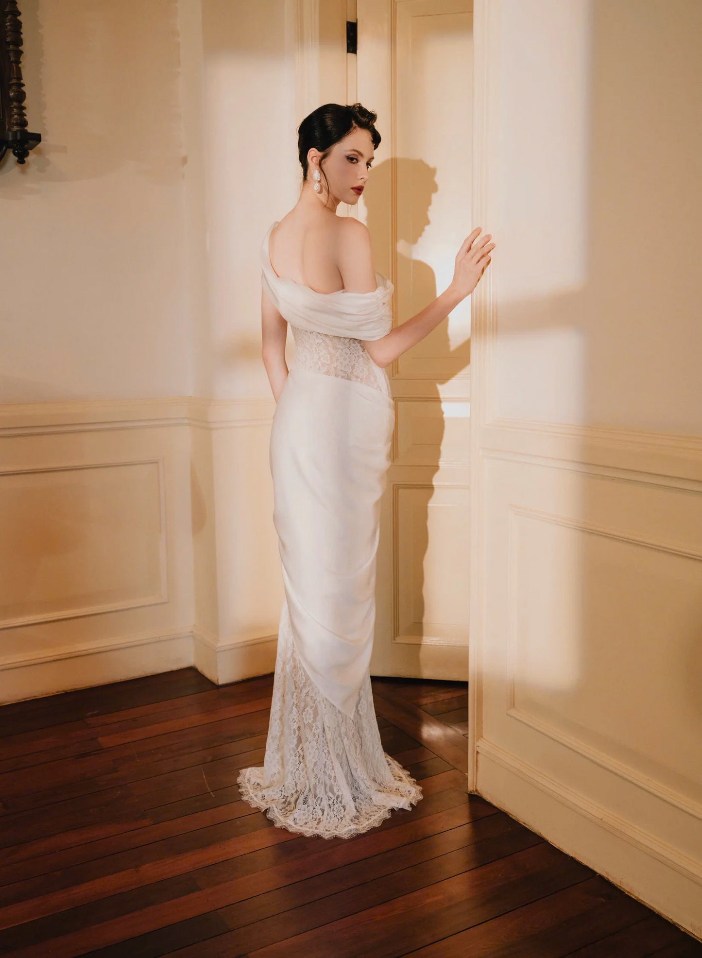 Alluring Mermaid Off-Shoulder Asymmetrical Satin-Lace Floor-Length Evening Dress