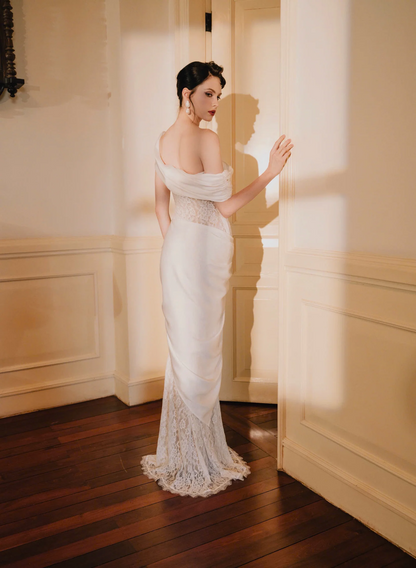 Alluring Mermaid Off-Shoulder Asymmetrical Satin-Lace Floor-Length Evening Dress