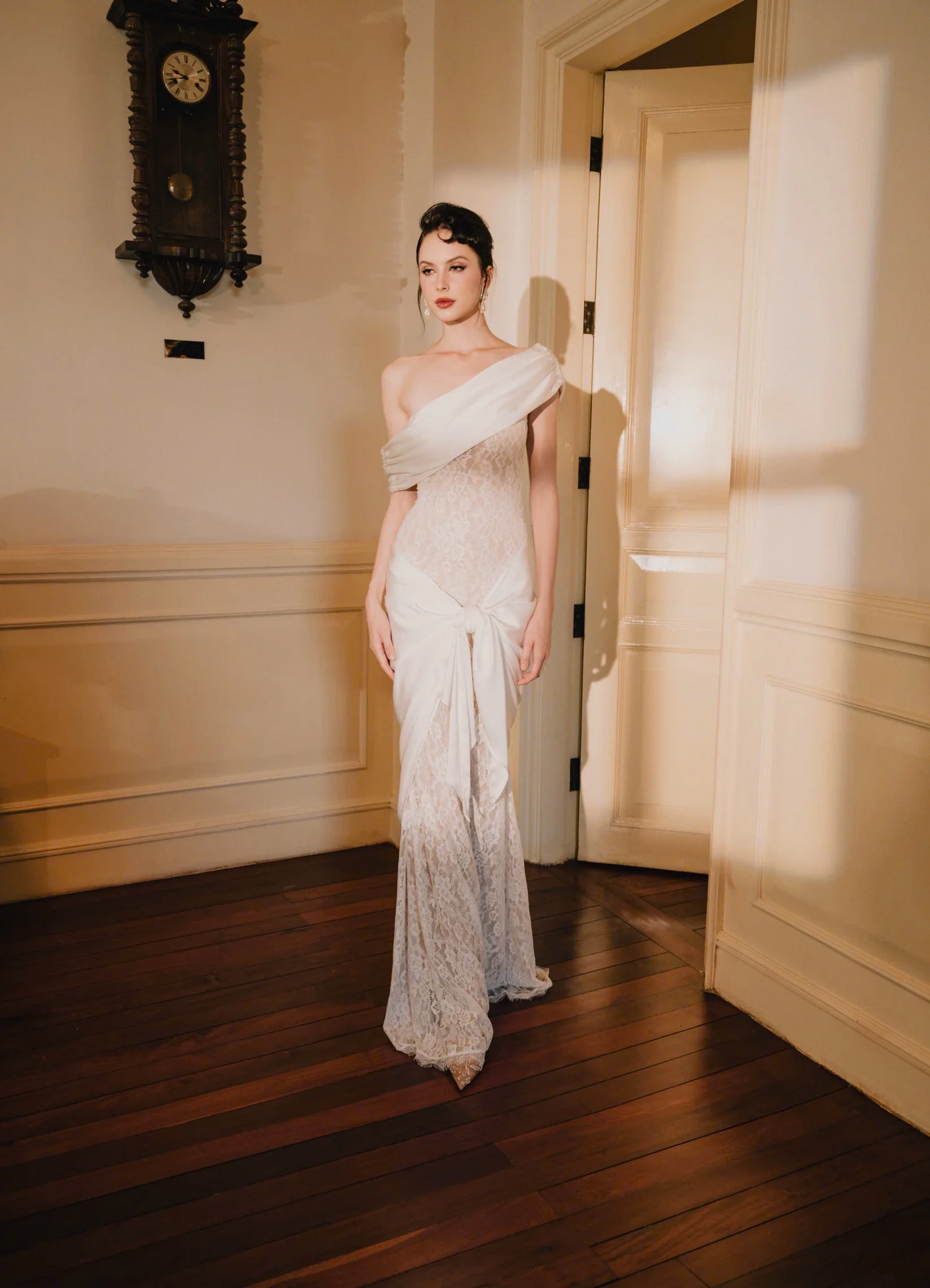 Alluring Mermaid Off-Shoulder Asymmetrical Satin-Lace Floor-Length Evening Dress