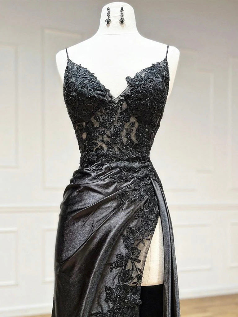 Alluring Mermaid V-Neck Spaghetti Strap Lace-Up Back High-Slit Floor-Length Prom Dresses
