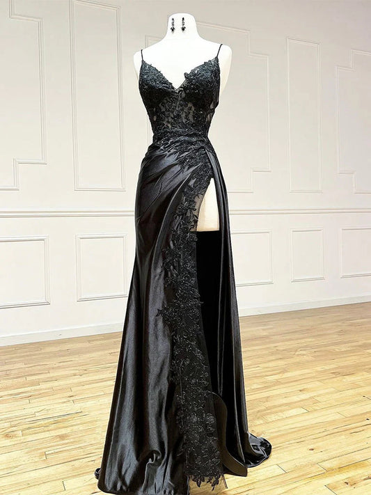 Alluring Mermaid V-Neck Spaghetti Strap Lace-Up Back High-Slit Floor-Length Prom Dresses