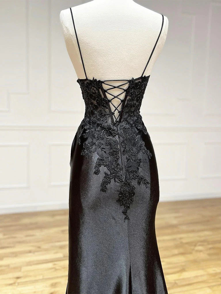 Alluring Mermaid V-Neck Spaghetti Strap Lace-Up Back High-Slit Floor-Length Prom Dresses