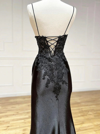Alluring Mermaid V-Neck Spaghetti Strap Lace-Up Back High-Slit Floor-Length Prom Dresses