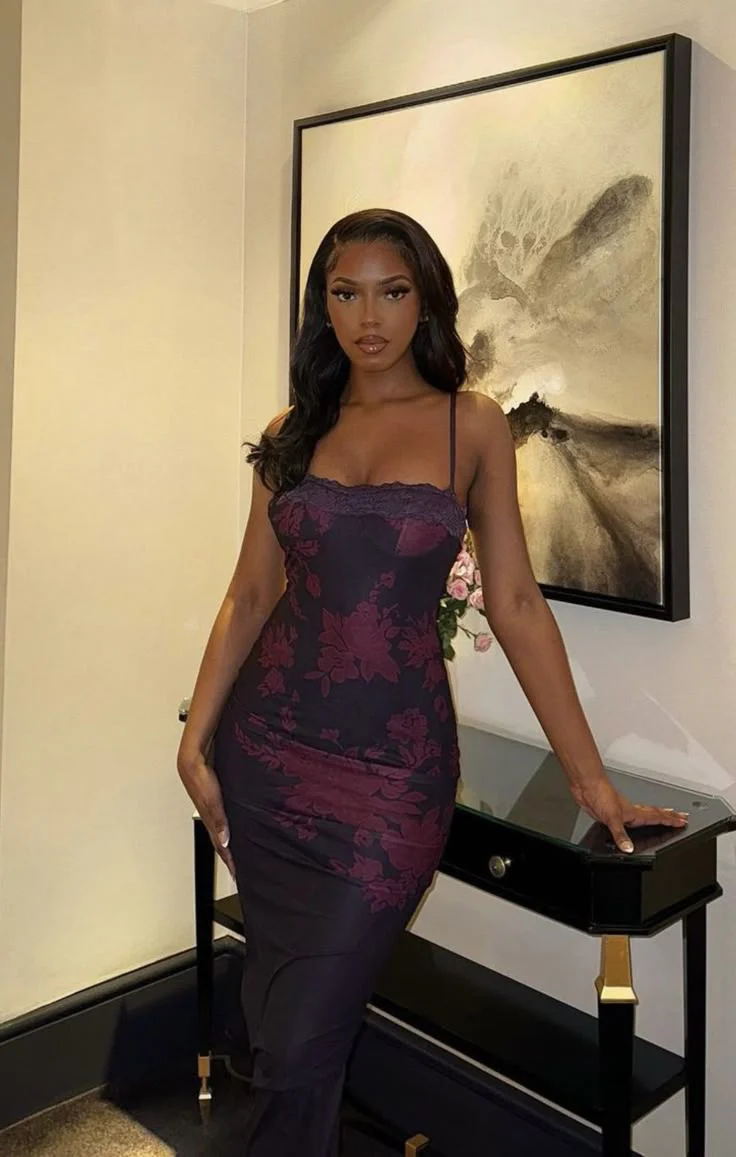Alluring Strappy Lace-Trimmed Floral Mesh Bodycon Maxi Prom Dress