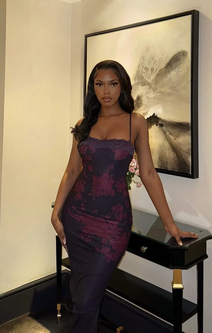 Alluring Strappy Lace-Trimmed Floral Mesh Bodycon Maxi Prom Dress