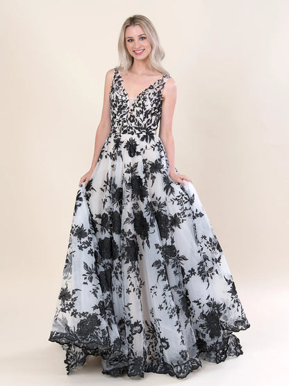 Artisan Floral Appliqué Sleeveless Plunge V Low Open Back Flowy Sheer Tulle Alternative Wedding Dress