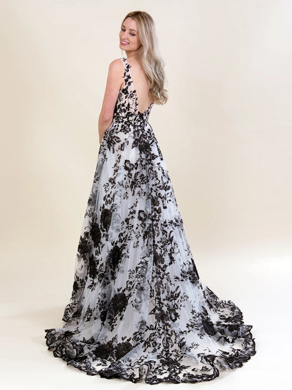 Artisan Floral Appliqué Sleeveless Plunge V Low Open Back Flowy Sheer Tulle Alternative Wedding Dress