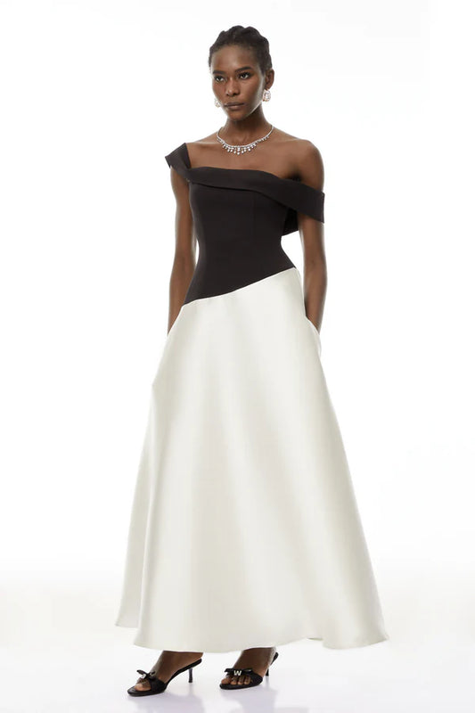 Asymmetric Color-Block Off-the-Shoulder A-Line Floor Length Evening Dress with Side Pockets