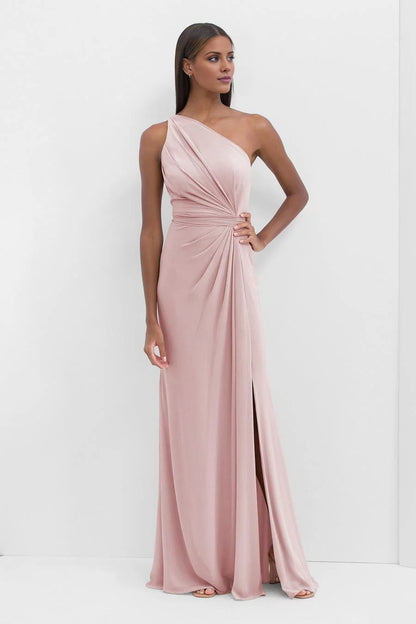 Asymmetrical A-Line One-Shoulder Neck Sleeveless Ruched Side-Slit Floor-Length Evening Dress