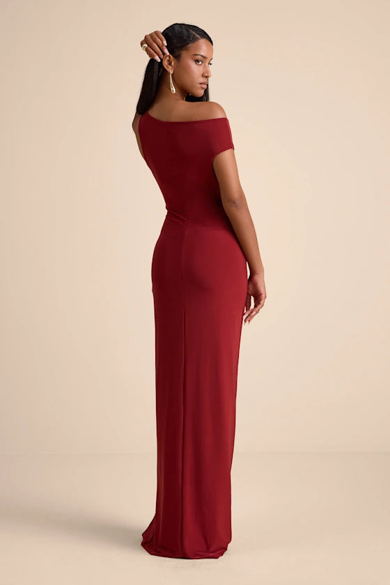 Asymmetrical One-Shoulder Evening Dresses with Ruched Detail and High Slit Formal Gown