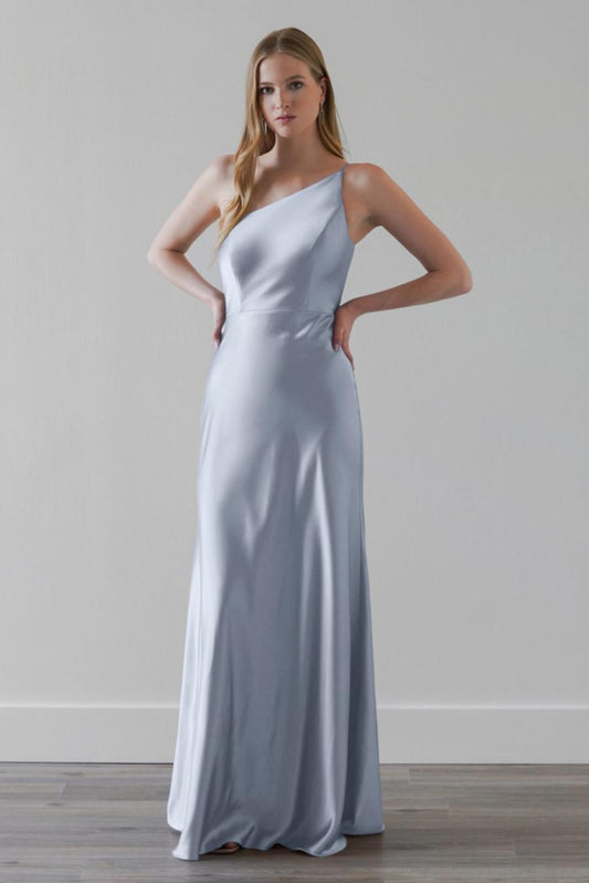 Asymmetric collar off shoulder sleeveless backless and floor length evening dress