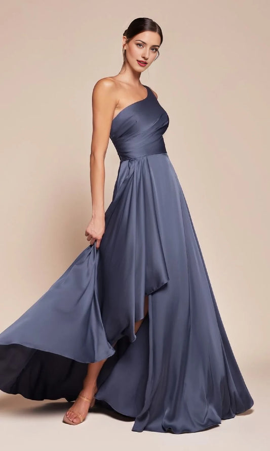Asymmetric collar off shoulder sleeveless backless side slit and floor length evening dress