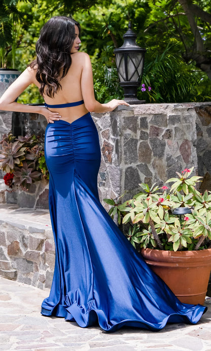 Asymmetric collar off shoulder sleeveless backless side slit and floor length evening dress