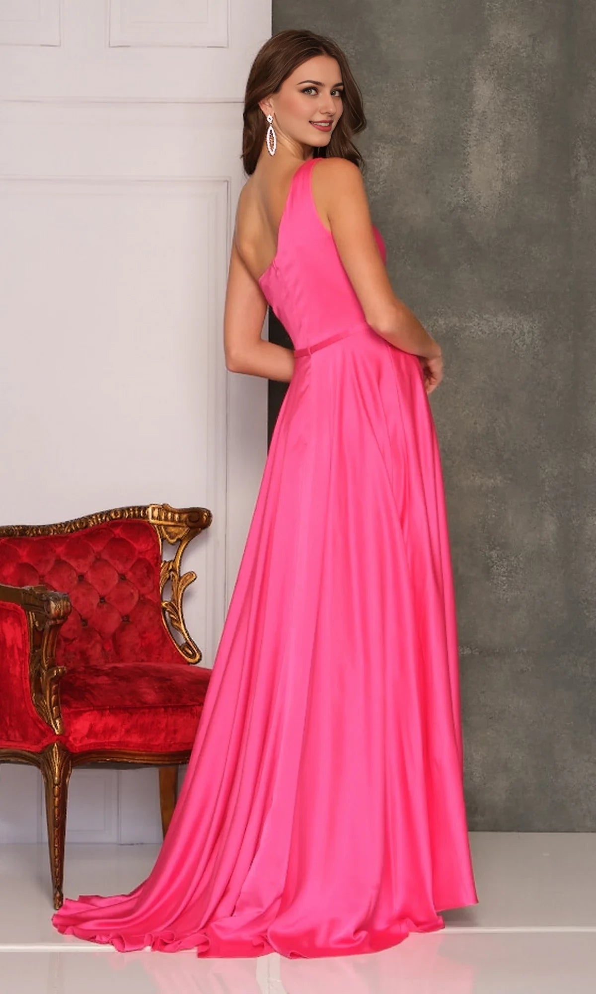 Asymmetric collar off shoulder sleeveless backless side slit and floor length evening dress