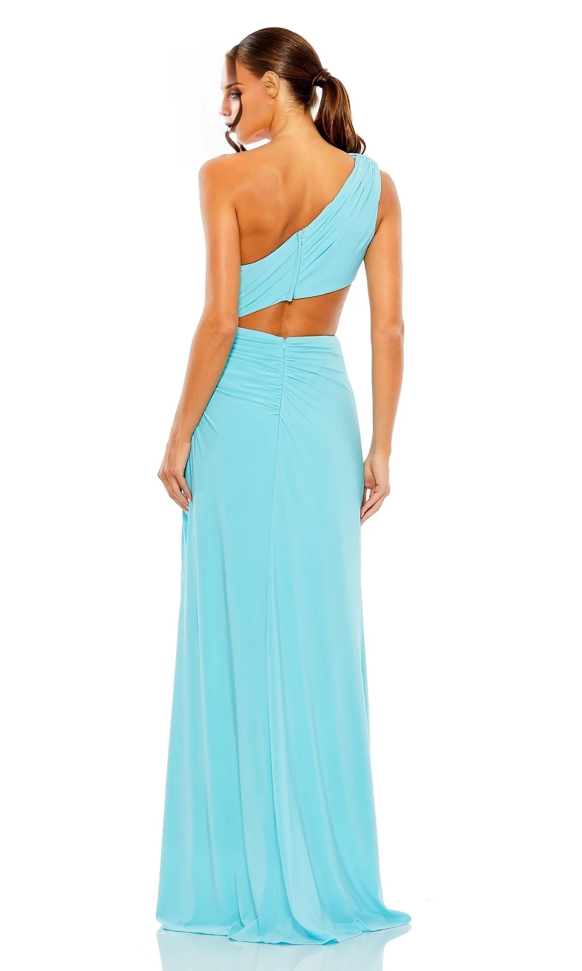 Asymmetric collar off shoulder sleeveless backless side slit and floor length evening dress