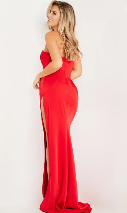 Asymmetric collar sleeveless strapless backless side slit and floor length evening dress