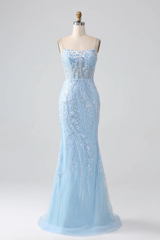 Sky blue sequin mermaid tight corset prom dress