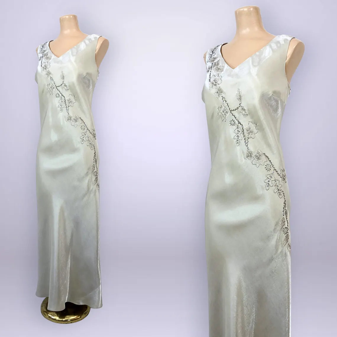 Beaded Floral Embellished Satin V-Neck Sleeveless Floor-Length Evening Dress for Petite Women
