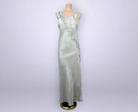 Beaded Floral Embellished Satin V-Neck Sleeveless Floor-Length Evening Dress for Petite Women