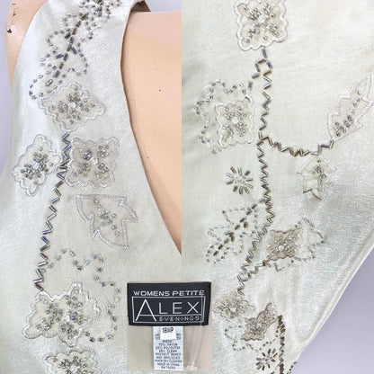 Beaded Floral Embellished Satin V-Neck Sleeveless Floor-Length Evening Dress for Petite Women