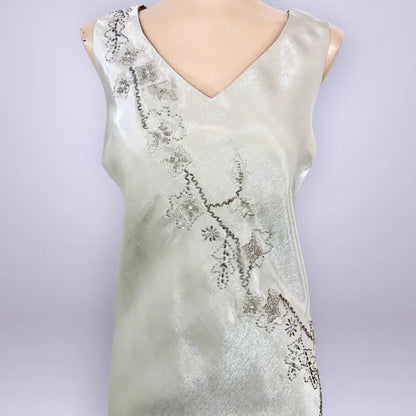 Beaded Floral Embellished Satin V-Neck Sleeveless Floor-Length Evening Dress for Petite Women