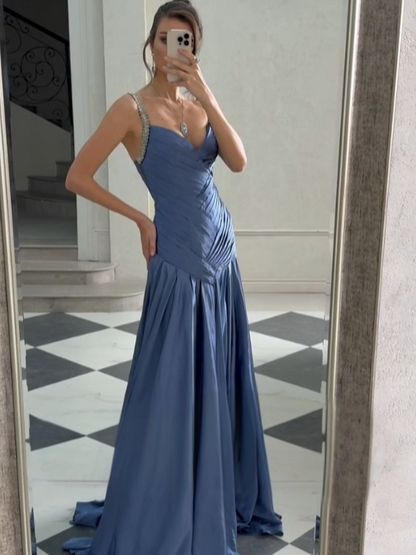 Beaded Strap Sweetheart Neck Ruched Bodice Flared Skirt Evening Dress