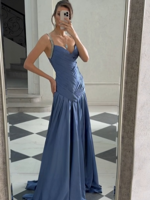Beaded Strap Sweetheart Neck Ruched Bodice Flared Skirt Evening Dress