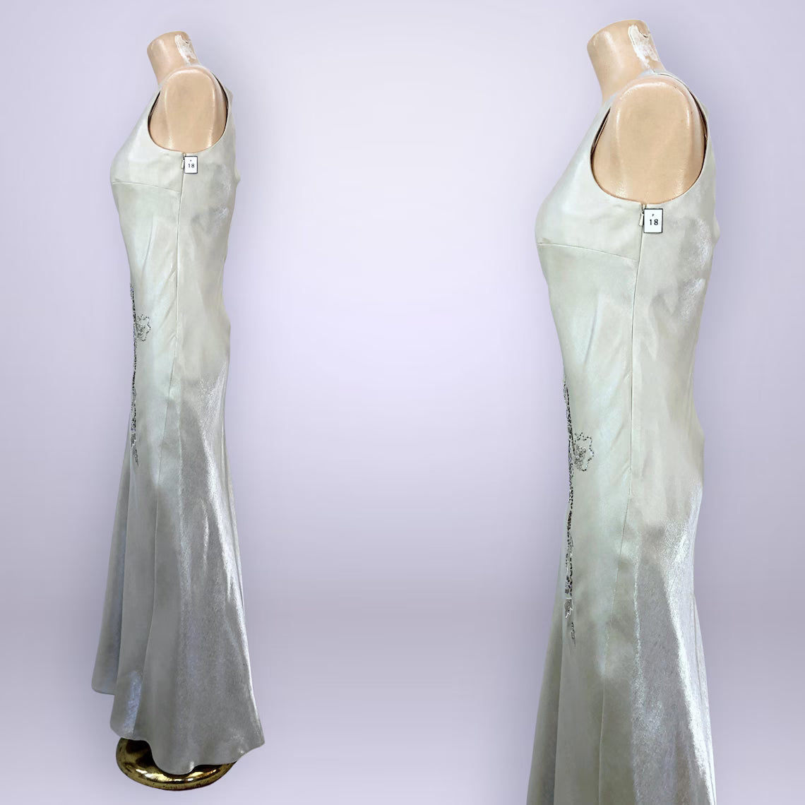 Beaded Floral Embellished Satin V-Neck Sleeveless Floor-Length Evening Dress for Petite Women