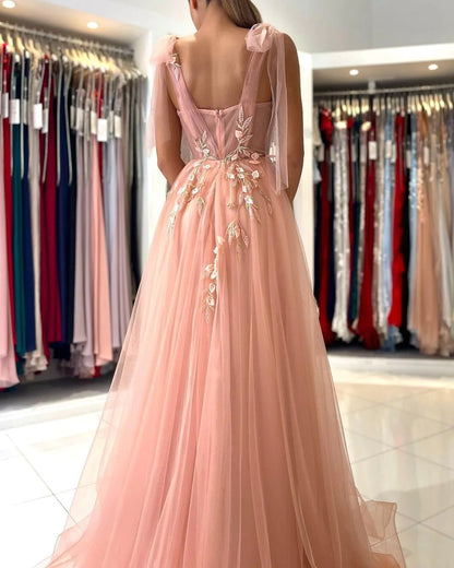 Beautiful Straps Pink A-Line Elegant Appliques Long Prom Dresses With Split
