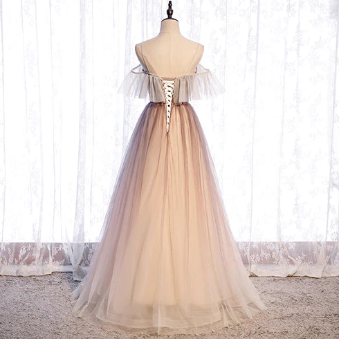 Beautiful gradient sheer and shoulder strap sweet party dress, A-line sheer backless/long evening dress