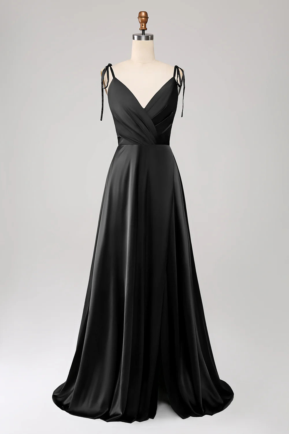Minimalist dark green thin shoulder strap pleated slit prom dress