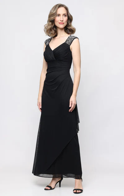 Black Chiffon Beaded Cap Sleeve V-Neck Ruched Back Side Ruffle Floor Length Formal Mother of Bride Dress