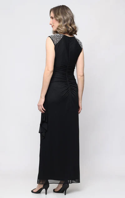 Black Chiffon Beaded Cap Sleeve V-Neck Ruched Back Side Ruffle Floor Length Formal Mother of Bride Dress